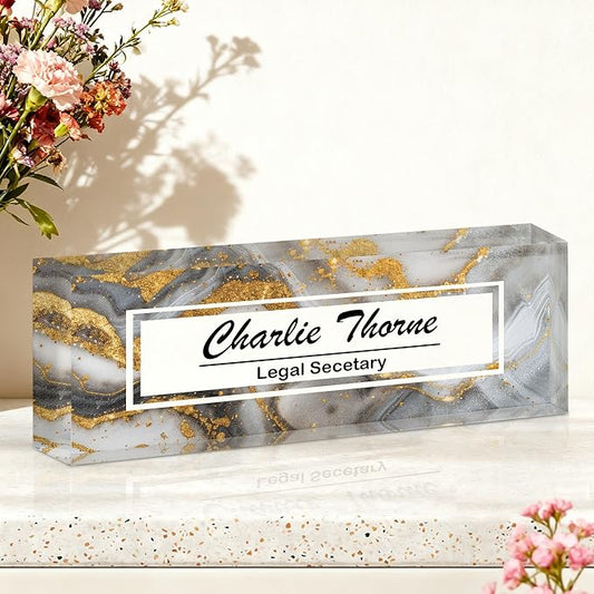 Ship Next Day-Custom Name Plate for Desk, Desk Name Plate Personalized, Acrylic Office Desk Accessories, Appreciation Gifts for Coworkers Employee Teachers Boss Women Men (Silvery Coast)