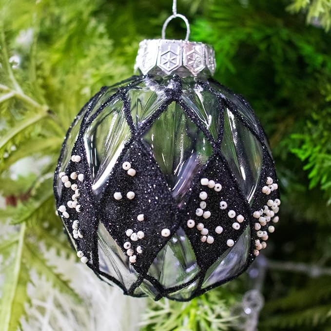 12 PCS Clear and Black Christmas Ball Ornaments, 80mm/3.15 Inches Rustic Farmhouse Christmas Decorations, Large Shatterproof Luxury Hand-Painted Xmas Ornaments for Christmas Tree, Wedding