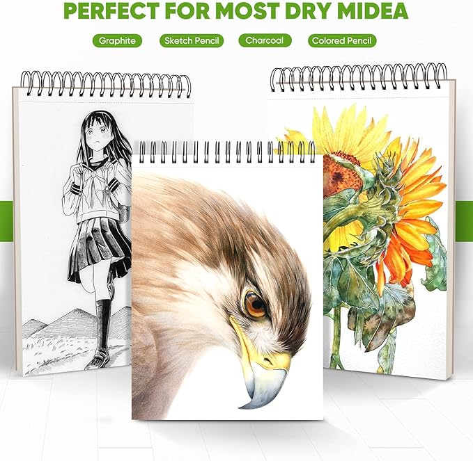 Soucolor Art Supply Set - Sketching & Drawing Kit, 9" x 12" Sketch Book, 2-Pack 100 Sheets Spiral Bound Art Sketchbook, Acid Free