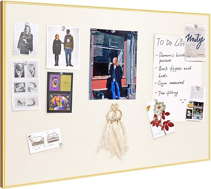 Bulletin Board 30 x 20 inches, Oatmeal White Pin Board, Golden Aluminum Framed Fabric Cork Board with 10 Push Pins