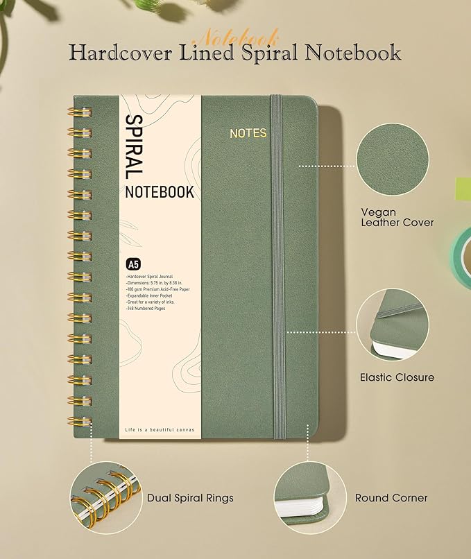 Dotted Spiral Journal Notebook, A5 Hardcover Spiral Journals for Women Men, 100 GSM Dot Grid Paper Notebooks, 150 Pages Spiral Bullet Dotted Notebook for Writing Note Taking 5.75" x 8.38", Sage Green