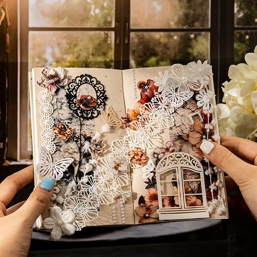 Vintage Floral Washi Tape Set – 6 Rolls, 2M Non-Repeating Flower Collage Designs, Decorative Craft Tape for Scrapbooking, Journals, Planners with Accessory Clip Included