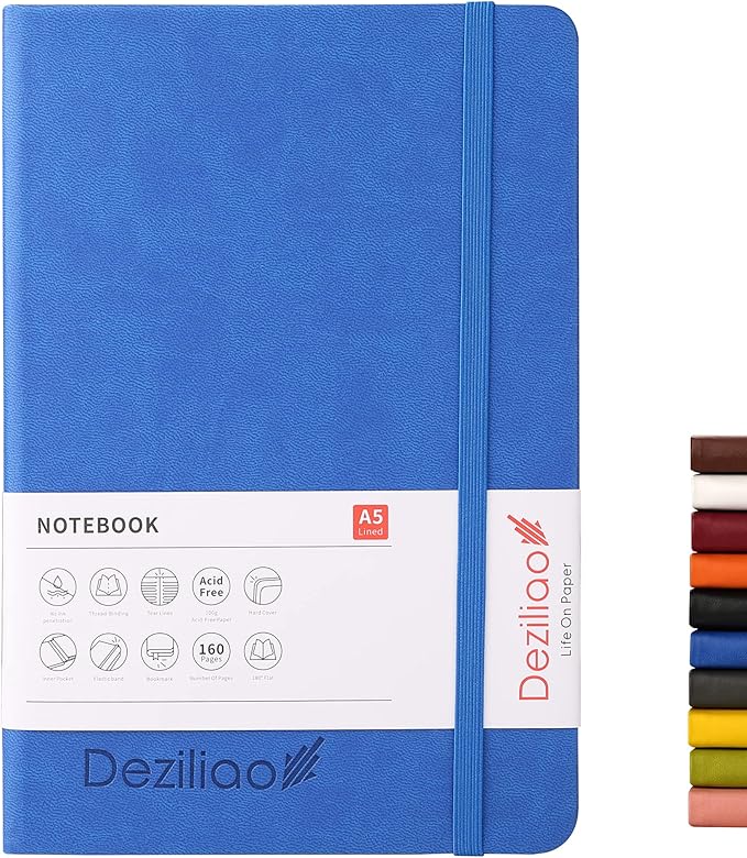 Deziliao Hardcover Notebook Journal 160 Pages, Lined Journal Notebooks for Work, 100Gsm Premium Thick Paper with Pocket, Medium 5.7"x8.4" （Blue, Ruled）