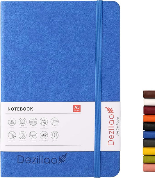 Deziliao Hardcover Notebook Journal 160 Pages, Lined Journal Notebooks for Work, 100Gsm Premium Thick Paper with Pocket, Medium 5.7"x8.4" （Blue, Ruled）