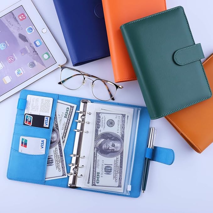 Antner A6 Budget Binder with Zipper Cash Envelopes for Money Organizer & Budgeting, PU Leather Budget Planner Money Saving Binder with Cash Stuffing Envelopes & Labels for Home Office Travel, Sky Blue
