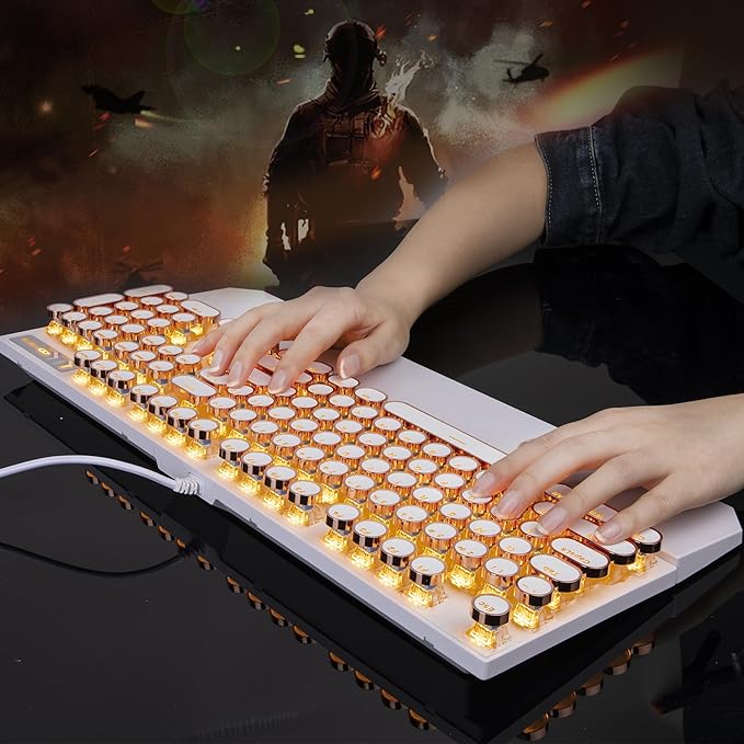 Typewriter Style Mechanical Keyboard, Retro Punk Gaming Keyboard with Gold LED Backlit, Cute Wired Keyboards,104 Keys Full Size Keyboards, Uique Round Keycaps for Windows/Mac/PC(White&Gold)