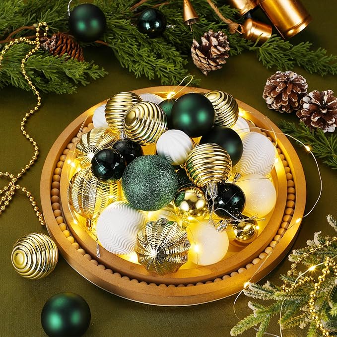 64 Pcs Christmas Ball Ornaments Bulk Emerald Green Gold White Christmas Tree Decorations 1.6/1.97/2.4 Inch Shatterproof Glitter Xmas Baubles Assorted Xmas Bulbs Ornaments for Tree Home Decor