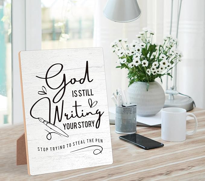 God Is Still Writing Your Story Wooden Sign with Stand, Bible Verses Decor, Christian Home Decor, Desk Signs for Office, Christian Gifts, Coworker Gifts, Encouragement Gifts for Women Men Friend,10