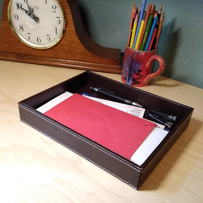 ULTRAY, Valet Tray, Desk Tray, Key Bowl, Nightstand Organizer for Men, Black PU Leather, 10.3 x 8.3 x 1.6 inches