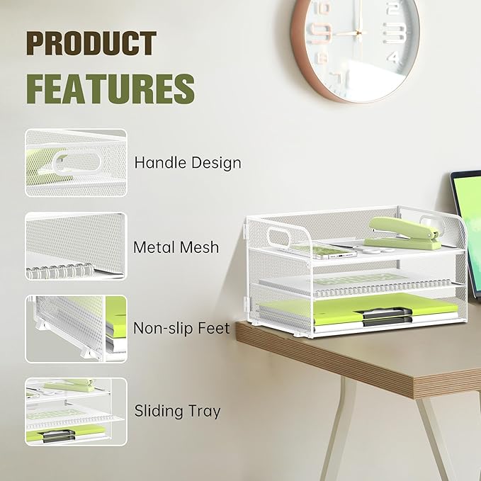 Daltack 3-Tier Paper Organizer With Handle, Mesh Desk Letter Tray for A4 File Folder, White