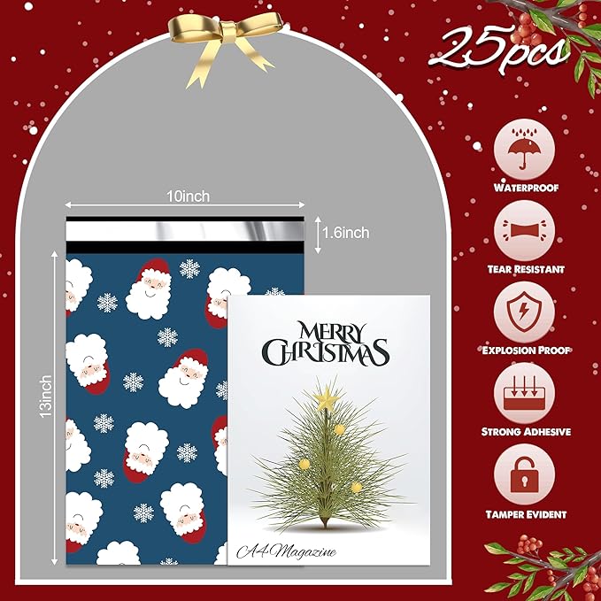 Christmas Poly Mailer - 10x13 Inch, 25 Pcs Waterproof, Tear-Resistant Mailer Bags with Self-Seal - Santa Claus and Snowflakes Printed