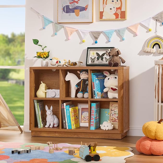 6 Cube Storage Book Shelf, 40" Wide Low Horizontal Bookcase with Curved Edge, Floor Standing 2-Tier Wooden Bookshelf with Base, Modern Short Book Case for Bedroom, Study, Entryway, Brown