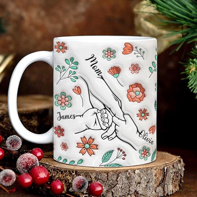 LOVELYPOD Custom Mom Coffee Mug with Kids Names, You Hold Our Hands Also Our Hearts Mug, Coffee Cups for Mama, Personalized Coffee Mugs, Mothers Day Mugs, Gifts for Mom from Daughter Son
