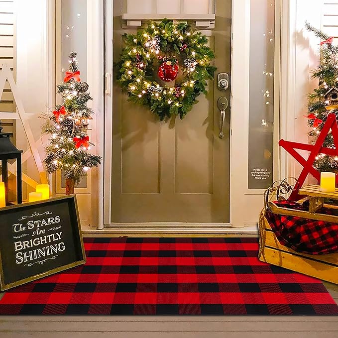 Christmas Red and Black Plaid Rug, 3' x 5' Cotton Hand-Woven Layered Door Mat for Front Porch, Entryway, Outdoor Holiday Decor, Washable Buffalo Check Rug for Home, Patio, Kitchen