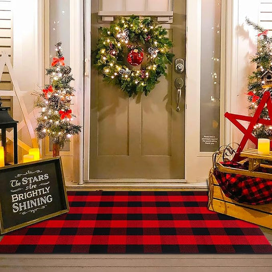Christmas Red and Black Plaid Rug, 3' x 5' Cotton Hand-Woven Layered Door Mat for Front Porch, Entryway, Outdoor Holiday Decor, Washable Buffalo Check Rug for Home, Patio, Kitchen