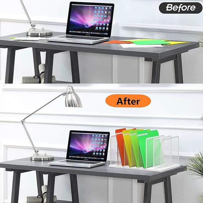 Kuntine.B Desk File Organizer Upright Mesh Desktop Organizer File Sorter Office Organization File Holder for Home, Office & Classroom (White, 1 Pack 7-Section)