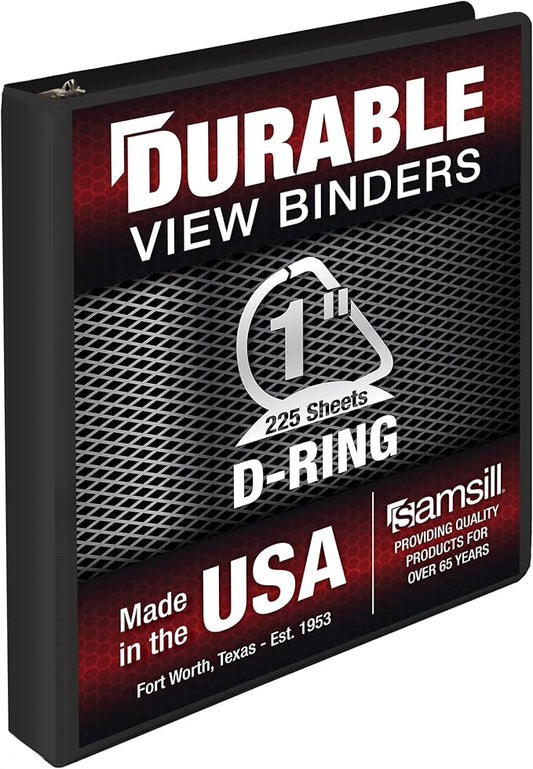 Samsill Durable 1 Inch Binder, Made in The USA, D Ring Binder, Customizable Clear View Cover, Charcoal Black, Holds 225 Pages