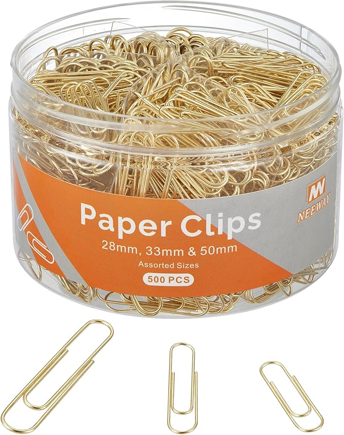 NEEWAY 500pcs Gold Paper Clips Assorted Sizes Small, Medium and Large Paperclips for Paperwork Ideal for Home, School and Office Use