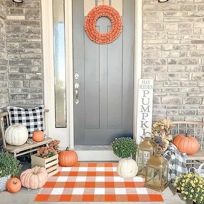 Buffalo Plaid Outdoor Rugs, 2'4" x 3'7" Orange and White Check Indoor/Outdoor Area Rug, Layering Rug for Hello/Welcome Door Mat, Washable Cotton Woven Farmhouse Mat for Fall Front Porch Décor