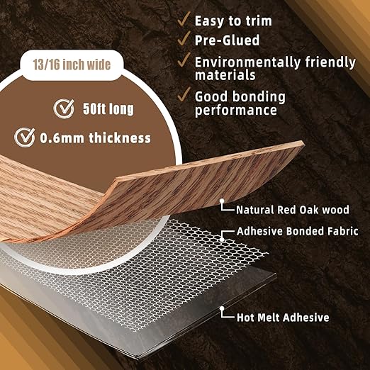 GSCIT Club Red Oak Edge Banding, 13/16 inch x 50ft roll of Veneer Edge Banding Preglued Flexible, Wood Tape Banding for Cabinet Repair