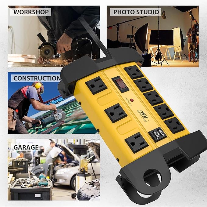 Heavy Duty Power Strip Surge Protector with USB,CRST Metal Power Strip with 2 USB 15 A 1875W, 15-Foot Long Cord 1350 Joules for Home, Kitchen, Office, School, ETL Listed… Yellow