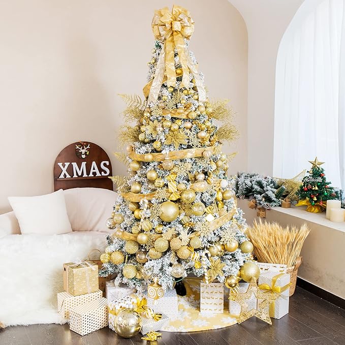 6pcs 3.94" Christmas Ball Ornaments Glitter Shatterproof Christmas Tree Ornaments Sequin Xmas Hanging Balls Decorations for Wedding Party Holiday(Gold, 6pc-10cm)