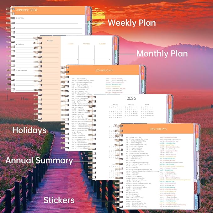 Yoment Hardcover 2026 Planner Academic Weekly and Monthly, 13 Month Planner Dec 2025 - Dec 2026, 8.5" x 10.3" Student for College, Teacher, Daily Agenda Notebook, 3 Sticker Sheets (Sunrise)