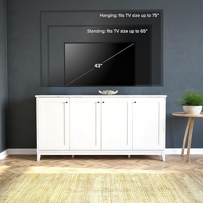 Prepac Yaletown 4 Panel Door Console Table with Storage, White Storage Cabinet with Doors and Shelves, Sideboard Storage Cabinet 60" W x 32" H x 16" D, WCBG-2220-1