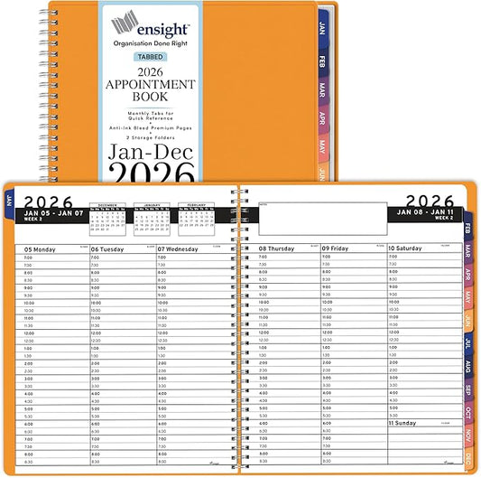 Ensight 2026 Appointment Book and Planner 6.5" x 8.5" Large Hourly Weekly Daily Schedule Book with Tabs, 30 Minute Time Slots, Yellow Calendar Organizer Jan 2026–Dec 2026 Appointment Planner - Yellow