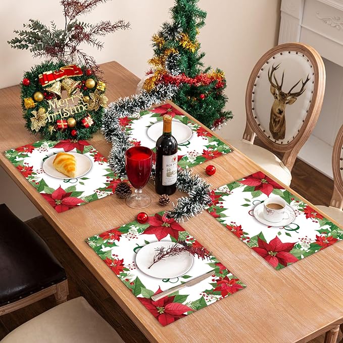 50 Pack Christmas Velvet Poinsettia Paper Placemats,16x 11 Inch Red Poinsettia Flower Disposable Placemats Poinsettia Golden Tablemats for Kitchen Dining Winter Holiday Christmas Party Supplies