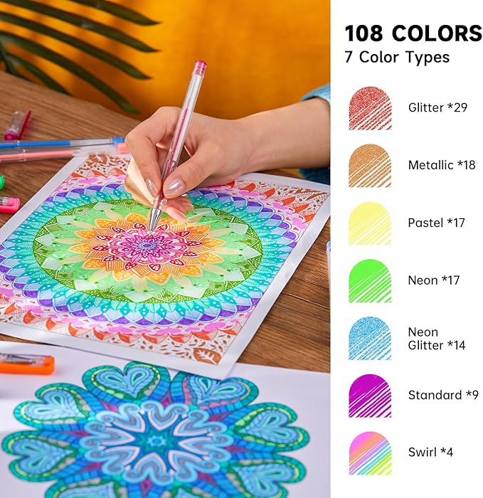 108 Colors Gel Pens Set, Gel Pens for Adult Coloring Books Journals Drawing Doodling Art Markers