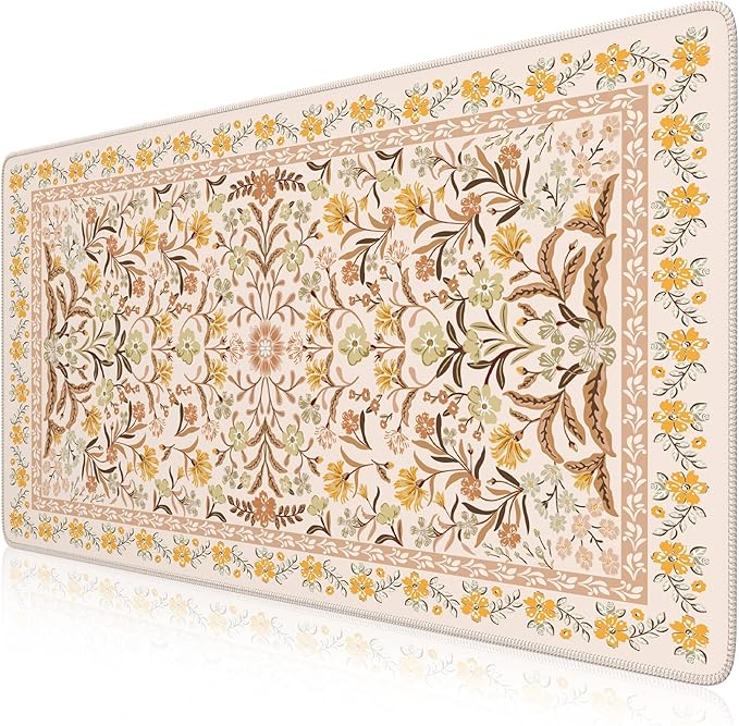 iCasso Desk Matt for Desktop, Cute Desk Pad Mat, XXL Large Mouse Pad, Anti-Slip Big Mousepad with Stitched Edges, Keyboard Pad Mouse Mat for Computer (Yellow Floral)