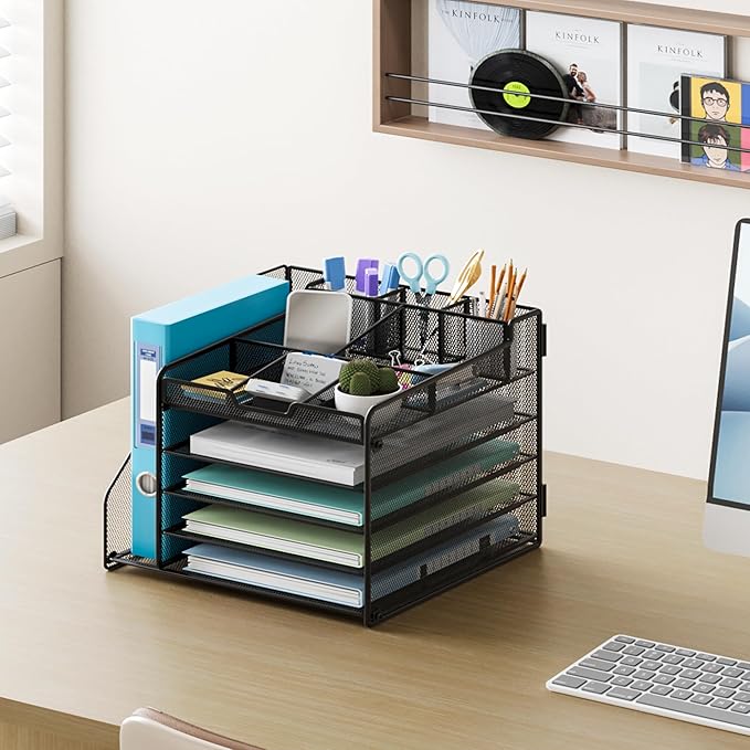 Lavatino Desk Organizer, 5-Tier Metal Mesh Paper Letter Tray with 1 File Holders & 7 Flexible Dividers for Office or Home Desk Organizers and Accessories, Keep Workspace Supplies Neat, Black