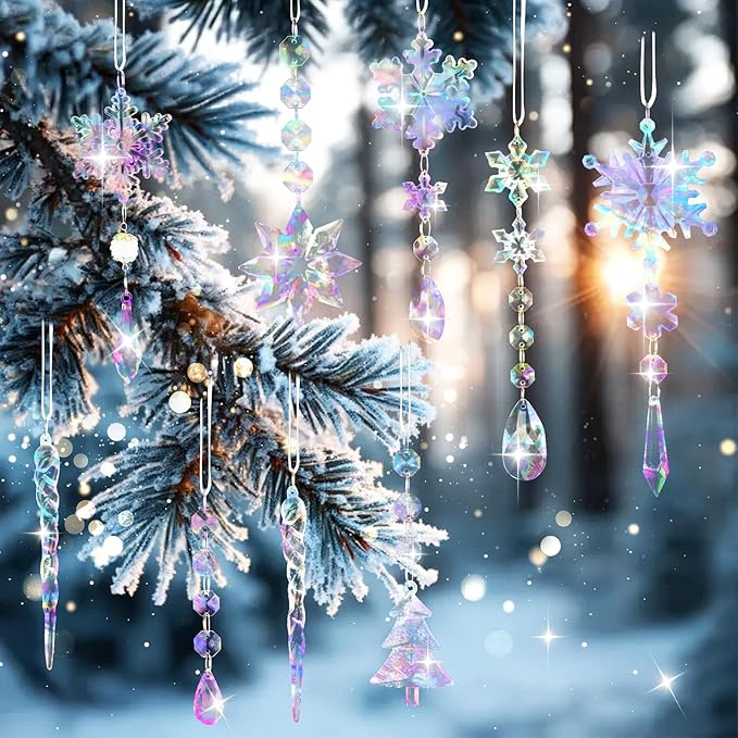 Lanpn 22pcs Christmas Ornaments Crystal Christmas Tree Decoration, Hanging Clear Acrylic Snowflake Icicle Drop Crystal Pendant for Xmas Tree Winter New Year Outdoor Indoor Party Decoration (Colorful)