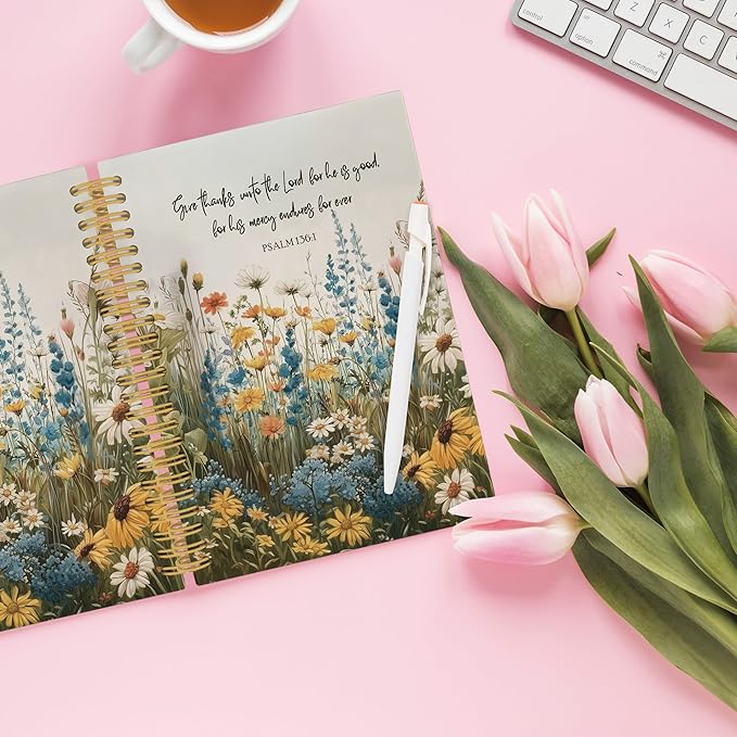 XPH Floral Christian Spiral Notebook, Bible Verse Psalm 136:1 Journaling Notebooks for Note Taking, Religious Hardcover Journal for Writing 160 Pages 5.5 x 8.3 Inch, Christian Gifts for Women