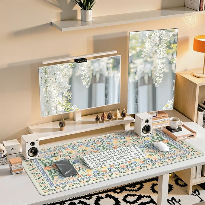 iCasso Desk Matt for Desktop, Desk Pad Mat, Green Floral Computer Mat for Keyboard and Mouse, XXL Large Mouse Pad, Anti-Slip Big Mousepad with Stitched Edges (Green)