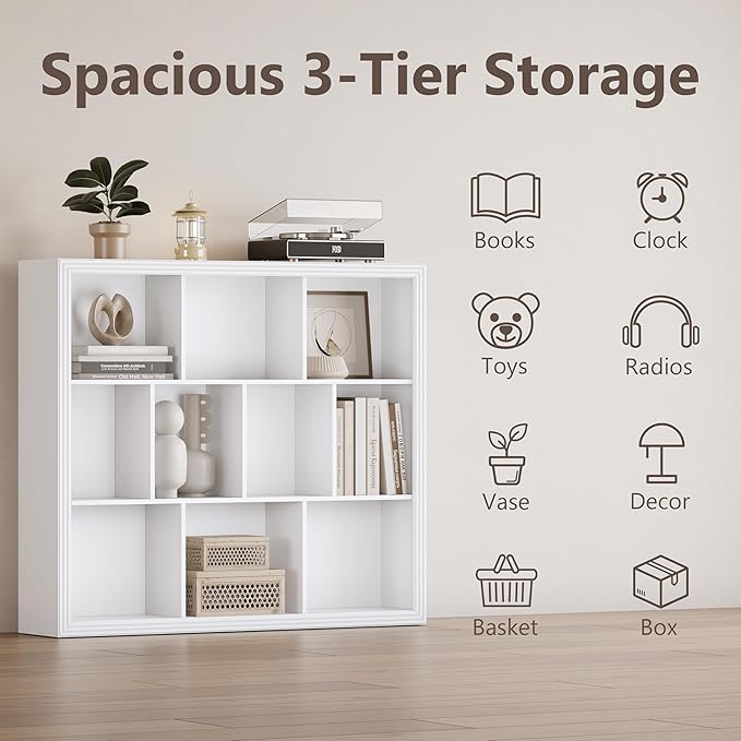 Wooden 10-Cube Storage Organizer, 3-Tier Bookshelf, Wood White Bookshelf, Bookcase, Cubical Storage Shelf with 3 Removable Back Panels for Bedroom Home and Office