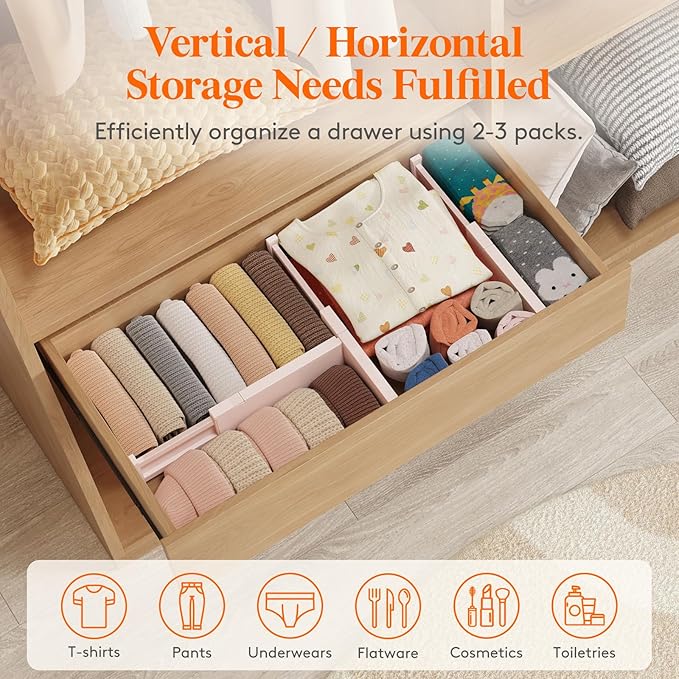 Lifewit 6 Pack Drawer Dividers 4" High, 11-17" Adjustable Drawer Organizers for Clothes, Expandable Dresser Separators in Bedroom/Bathroom/Kitchen/Fridge/Office Organization and Storage, Pink