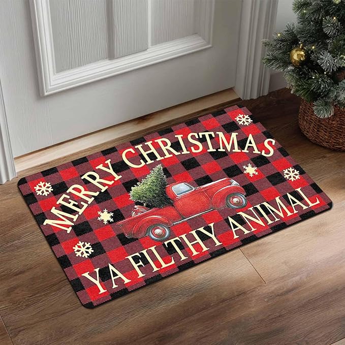 InterestPrint Merry Christmas Buffalo Plaid Truck Doormat, Red Plaid Door Mats with Non-Slip Backing Welcome Matt Outdoor Non Slip Rubber Entry Doormat Entrance Mat, 18" x 30"Inch
