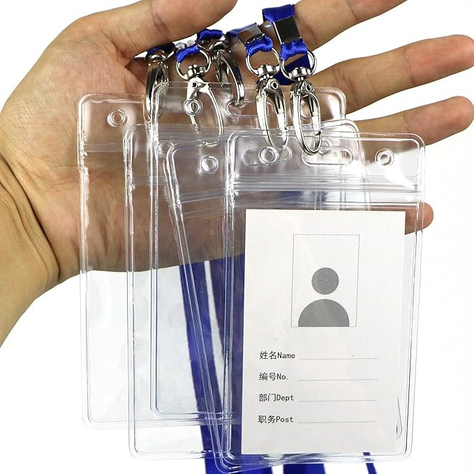 Lanyard with ID Holder 50 Pcs Waterproof Name Tag Vertical Badge ID Card Holders ID Pass Holder and 50 Pcs Flat Neck Blue Lanyards Swivel Hook