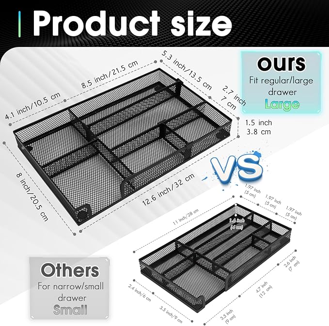 Desk Drawer Organizer Tray, 4 to 6 Grid Drawer Divider with 2 Adjustable Compartments, Metal Mesh Desk Organizer for Stationery Makeup Kitchen Toolroom School &Office, 12.6x8.26x1.57 in, 2 PCS