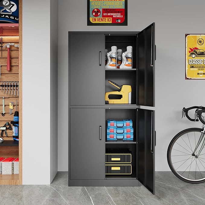 STANI Metal Storage Cabinet, Locking Steel Cabinet with 4 Doors and 2 Adjustable Shelves, 71" Tall Steel Cabinet for Home Office, Garage, School (Black)