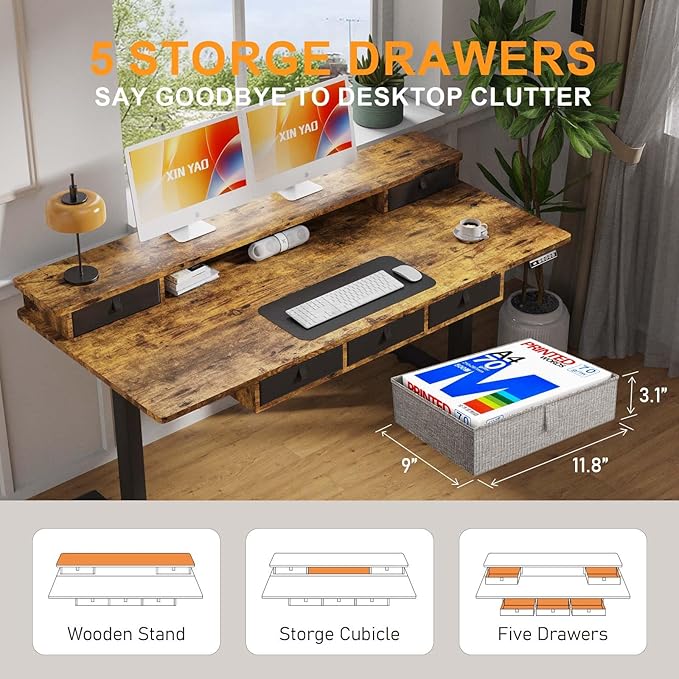 XINYAO Electric Standing Desk with 5 Drawers, 63x30 Inch Extra Wide Height Adjustable Sit Stand Up Desk with Storage Support 290lbs Ergonomic Rising Table with Wheels for Home Office
