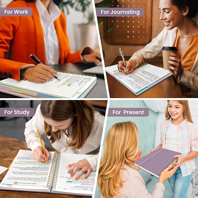 Hardcover Spiral Journal Notebooks for Work With Removable Dividers & Tabs, 8.5"x11" 5 Subject Notebook for Note Taking & Organizer, A4 College Ruled Lined Journal for Women & Writing, Purple, 280 Pages