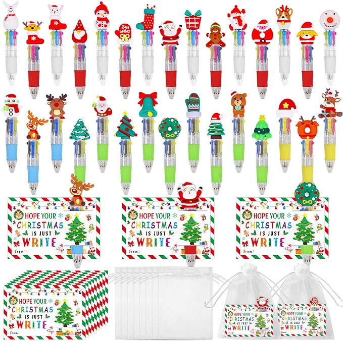 CZWZ 30 Set Cute Multicolor Pens in One 4-in-1 Fun Pens Bulk with 30 Gift Cards for Kindergarten Party Christmas Student Gift Bulk Office School Exchange Gifts