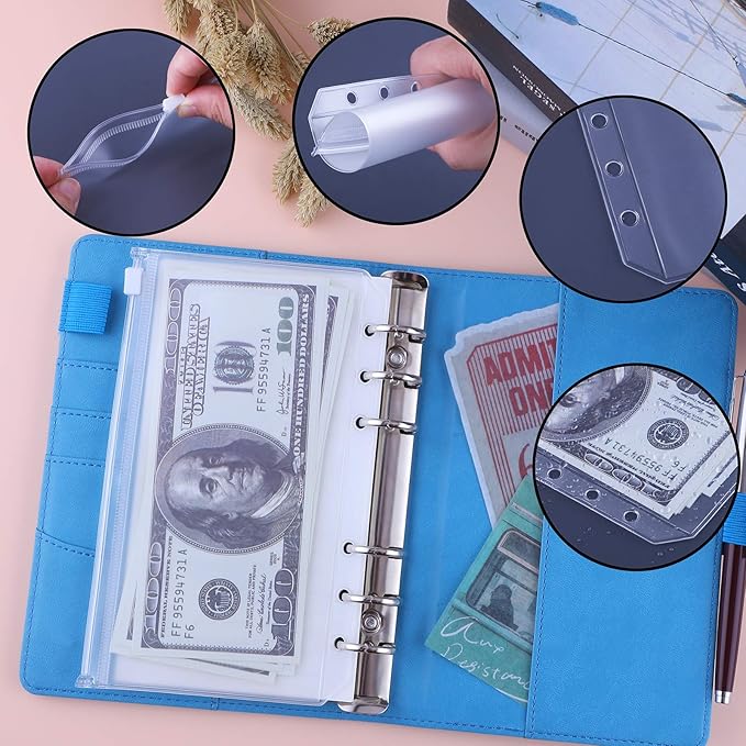 Antner A6 Budget Binder with Zipper Cash Envelopes for Money Organizer & Budgeting, PU Leather Budget Planner Money Saving Binder with Cash Stuffing Envelopes & Labels for Home Office Travel, Sky Blue