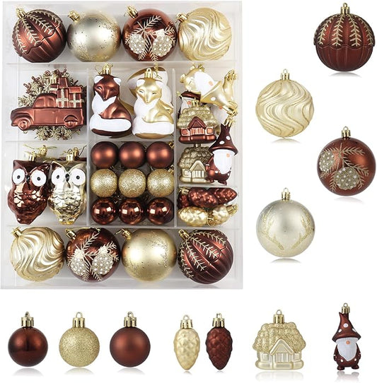 75PCS Brown and Gold Christmas Ornaments Set, Shatterproof Autumn Christmas Tree Ornaments, Assorted Hanging Ball Ornaments for Xmas Trees, Holiday, Thanksgiving, Party Decor(Brown & Gold)
