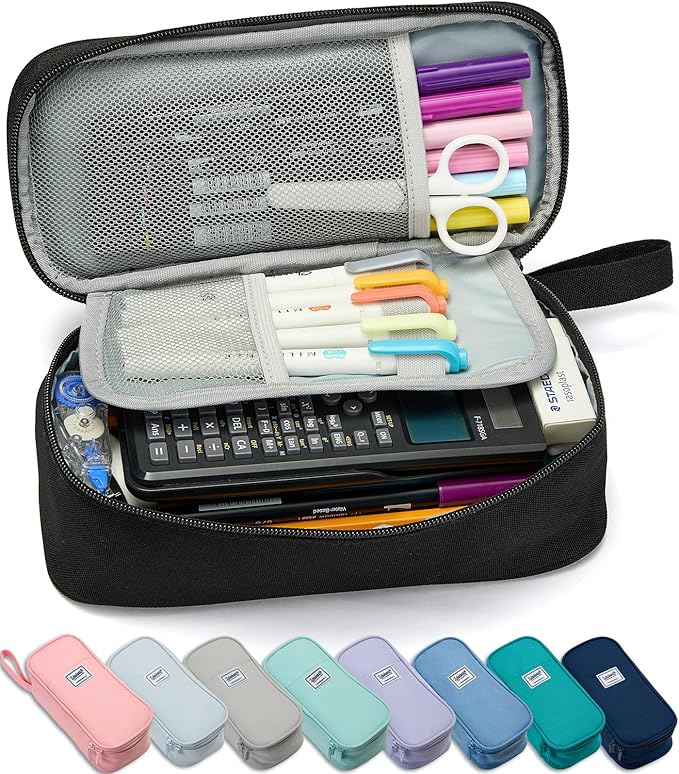 Pencil Case Pouch Box Bag School Supplies Girls Boys Kids, Cute Preppy Stuff Large Big Capacity Aesthetic Pen Organizer, Back to College Stationary, Black, Classic Stlye, 1800ml