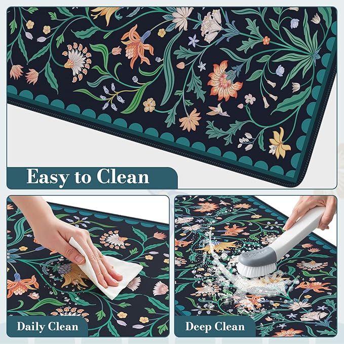 HAOCOO Navy Blue Iris Desk Mat, Large Mouse Pad, Non-Slip Keyboard Mat, Water-Resistant Computer Pad with Edge Stitching, Vintage Floral Desk Cover Mat, Desk Protector for Office, Home