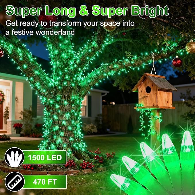 1500 LED 470FT Christmas String Lights Outdoor, 12 Pro Modes and Timer Memory & Brightness, Plug in Waterproof Clear Wire Twinkle Light for for Xmas Yard Tree Wedding Party Decor (Green)